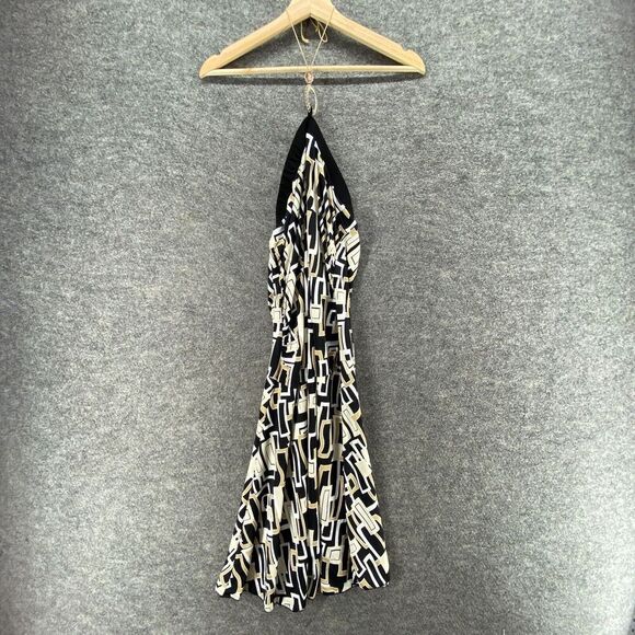 MKM Dress Women L Large Black Geometric Sheath Midi Halter Neck Sleeveless - Picture 5 of 12